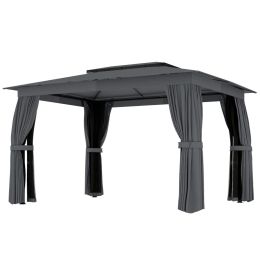 10 x 12 Outdoor Patio Gazebo, Soft Top Gazebo Canopy Shelter with Curtains, Netting, Steel Frame, Hooks, Dark Gray (Option: Dark Gray-2045x385x210 mm)
