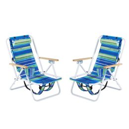 Folding Beach Chair Set Of 2 For Adults, 4 Position Portable Backpack Foldable Camping Chair With Headrest Cup Holder And Wooden Armrests, Blue & (Option: defaulttitle)