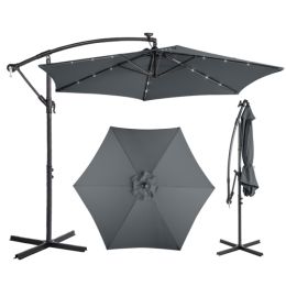 10FT Round Banana Hanging Patio Umbrella With 18 LED Lights, 6 Iron Ribs, Iron Straight & Curved Pole, Waterproof Polyester Canopy, With Stand Sl (Option: Gray)